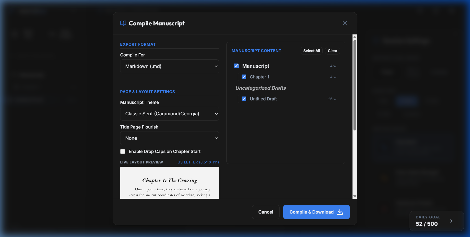 Manuscript Compiler export menu